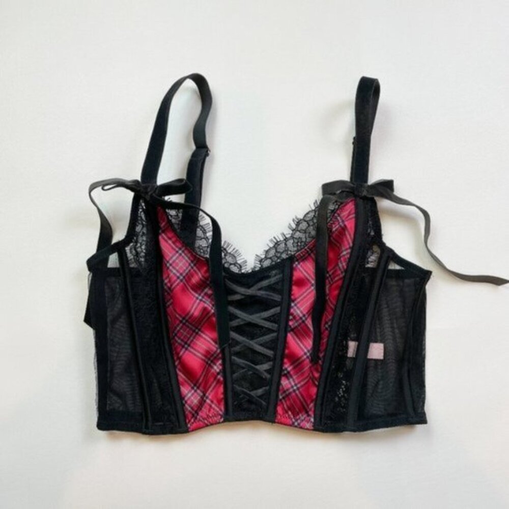 NWOT Victoria's Secret Bra S Dream Angels Bra Top Corset Black Red Plaid